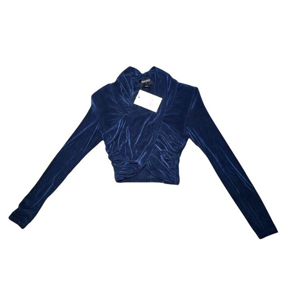 Bardot Tops - BARDOT Navy Blue Velvet Wrap Front Ruched Cropped Long Sleeve Top XS